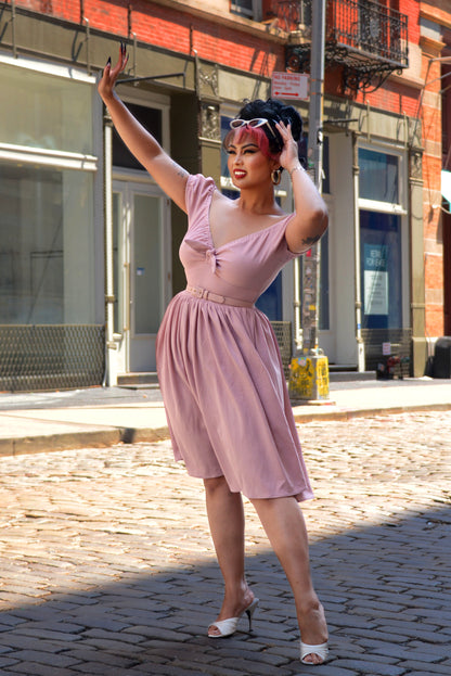 Natalie Gathered Swing Dress in Baby Pink Stretch Crepe | Pinup Couture