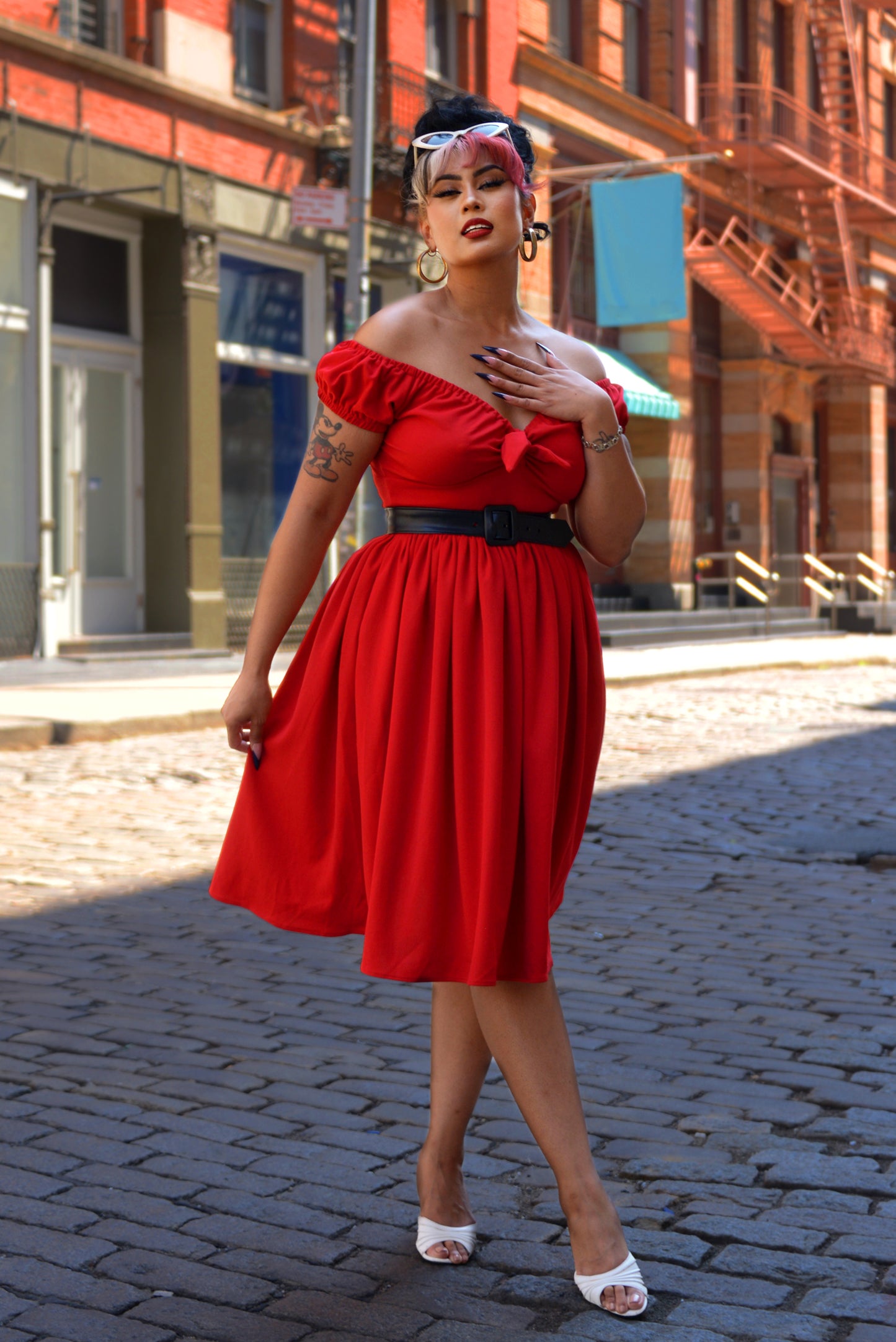 Natalie Peasant Swing Dress in Solid Red Stretch Crepe | Pinup Couture