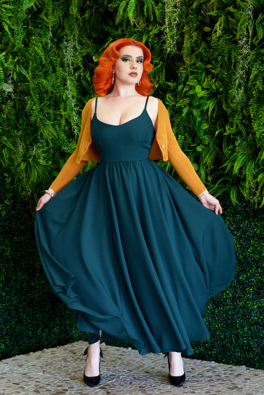 Final Sale - Amalie Ballerina 70s Daytime Maxi Gown in Hunter Green Crepe | Pinup Couture