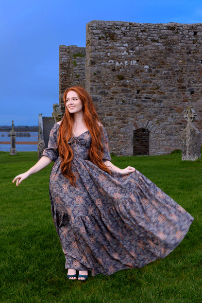 Final Sale - Molly Medieval Gothic Maxi Gown in Royal Woods Print Crepe | Laura Byrnes & Hope Johnstun