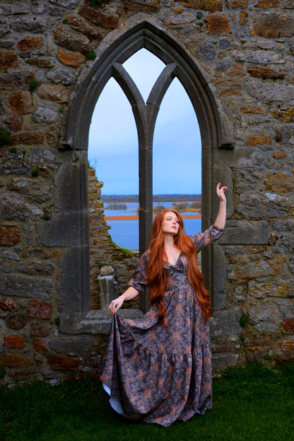 Final Sale - Molly Medieval Gothic Maxi Gown in Royal Woods Print Crepe | Laura Byrnes & Hope Johnstun