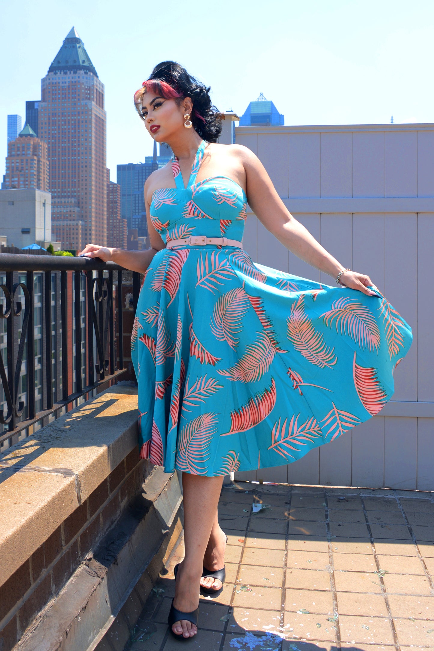 Final Sale - Serena Swing Dress in Aqua Palm Print on Crepe | Laura Byrnes & Hope Johnstun