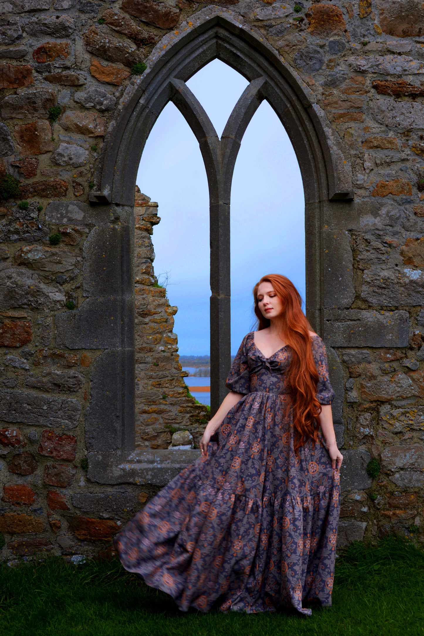 Molly Medieval Gothic Maxi Gown in Royal Woods Print Crepe | Laura Byrnes & Hope Johnstun
