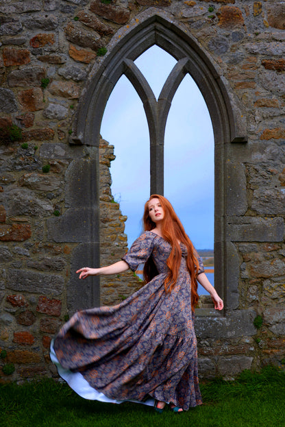 Final Sale - Molly Medieval Gothic Maxi Gown in Royal Woods Print Crepe | Laura Byrnes & Hope Johnstun