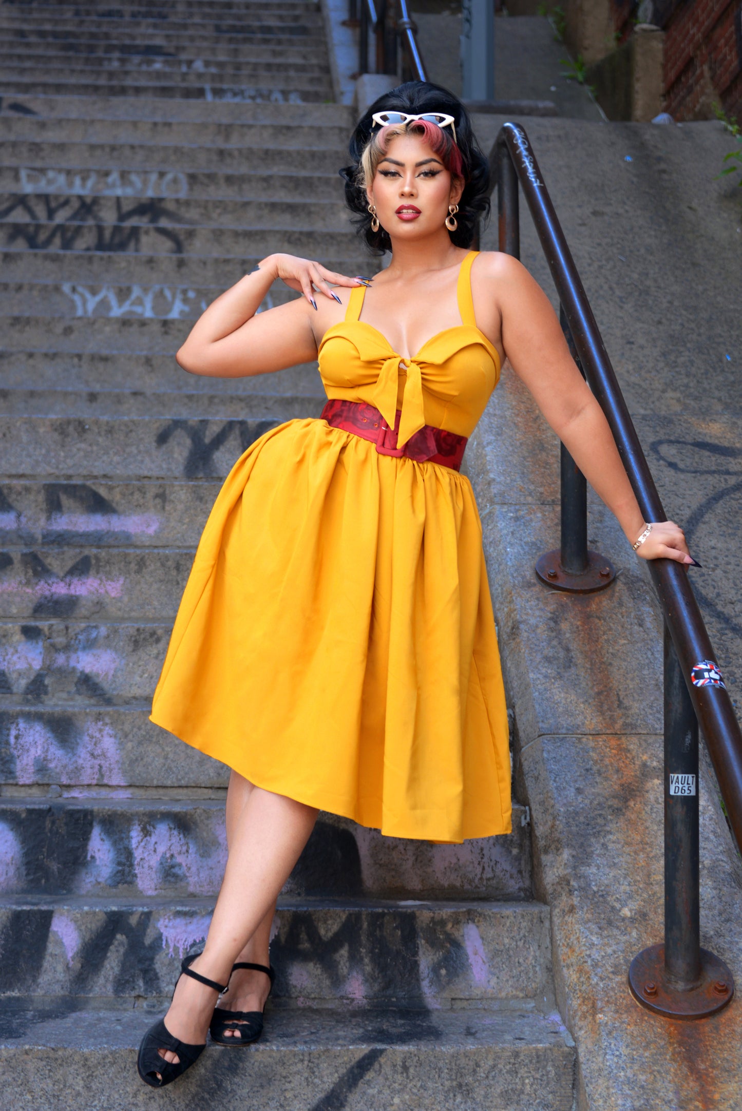 Final Sale - Linda Vintage Sun Dress in Solid Mustard Stretch Crepe  | Pinup Couture