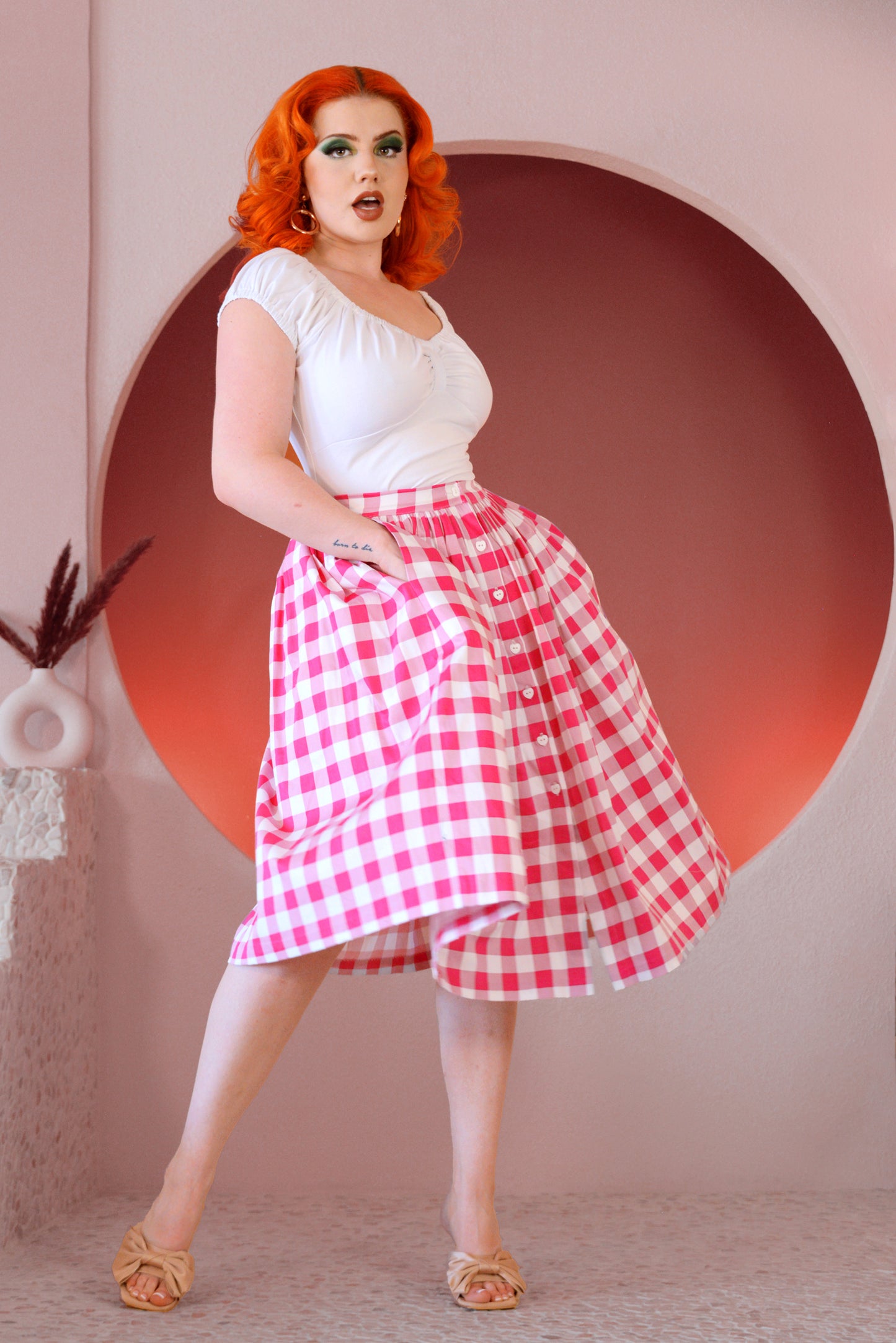 Pre Order - Edie Button Front Skirt in Pink Gingham | Pinup Couture
