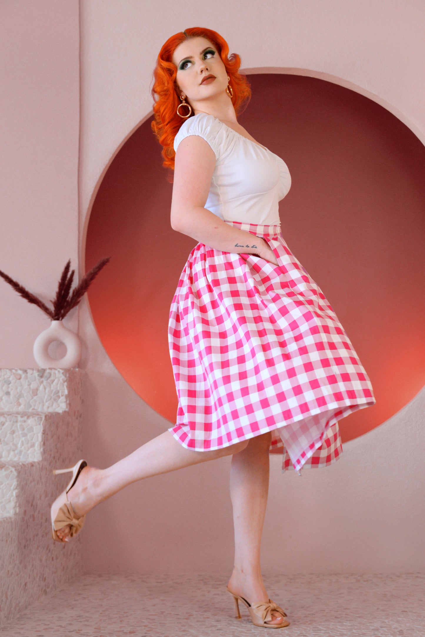 Pre Order - Edie Button Front Skirt in Pink Gingham | Pinup Couture