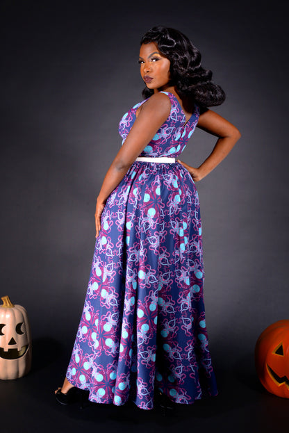 OYS -Tara 70s Maxi Day Dress in Blue Daddy Cthulhu Crepe | Laura Byrnes & Hope Johnstun