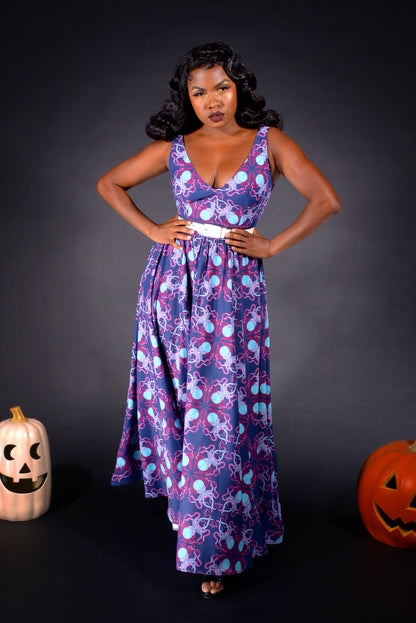 OYS -Tara 70s Maxi Day Dress in Blue Daddy Cthulhu Crepe | Laura Byrnes & Hope Johnstun