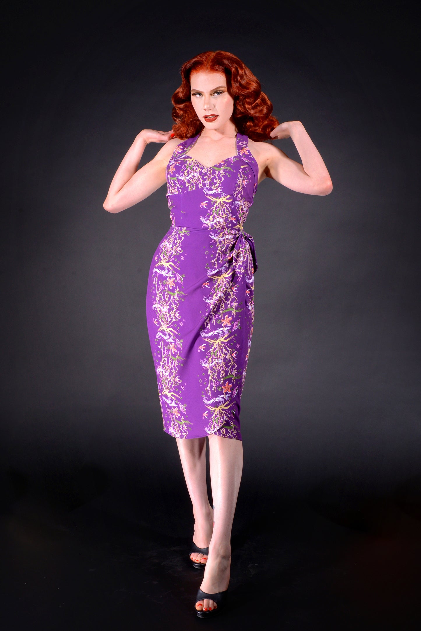 Sonya Tiki Wiggle Dress in Purple Tropical Under The Sea Print on Crepe | Laura Byrnes & Hope Johnstun
