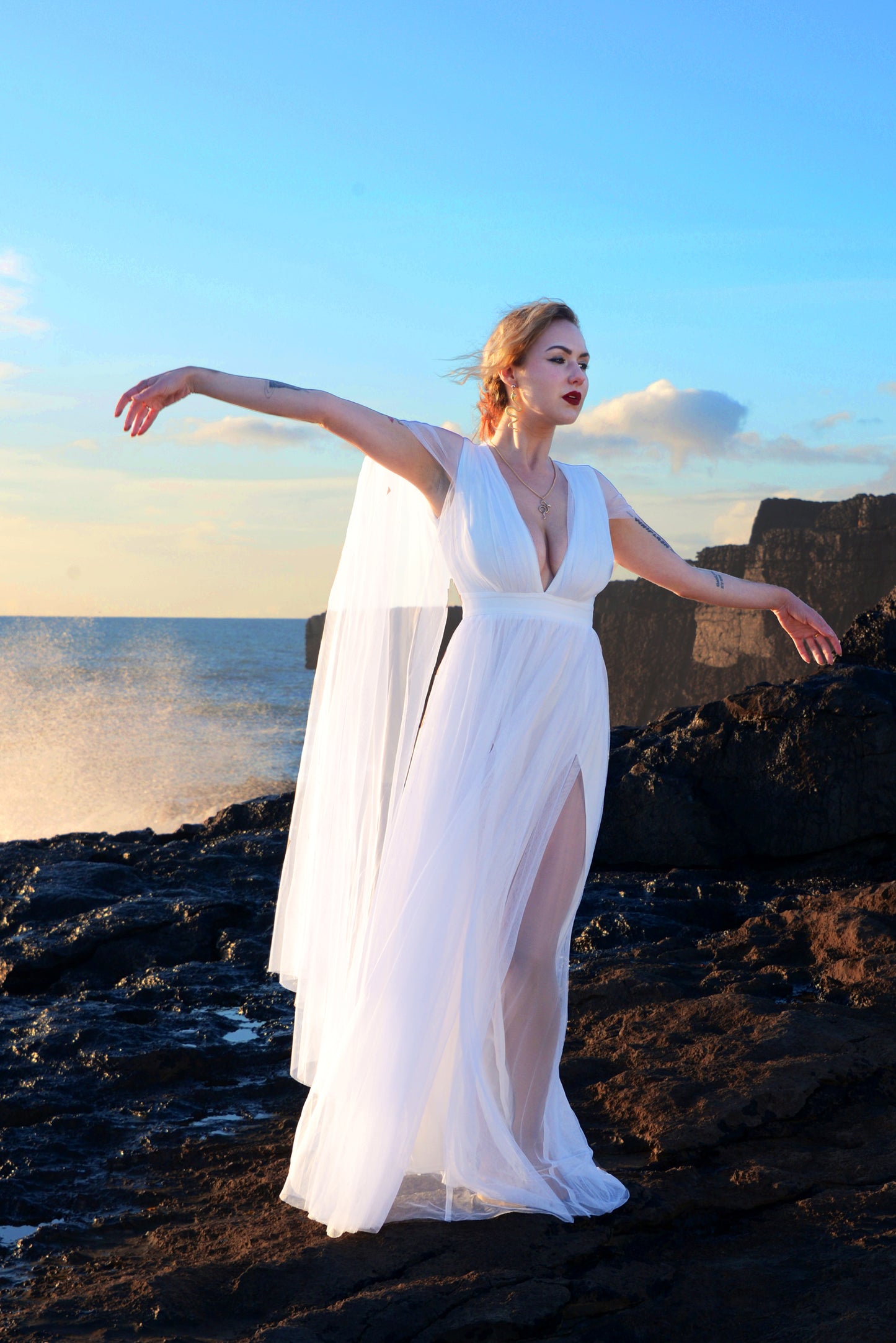 Pre Order - Bombshell Plunge Maxi Gown in Wedding White with Sheer Mesh Sleeves | Gothic Glamour
