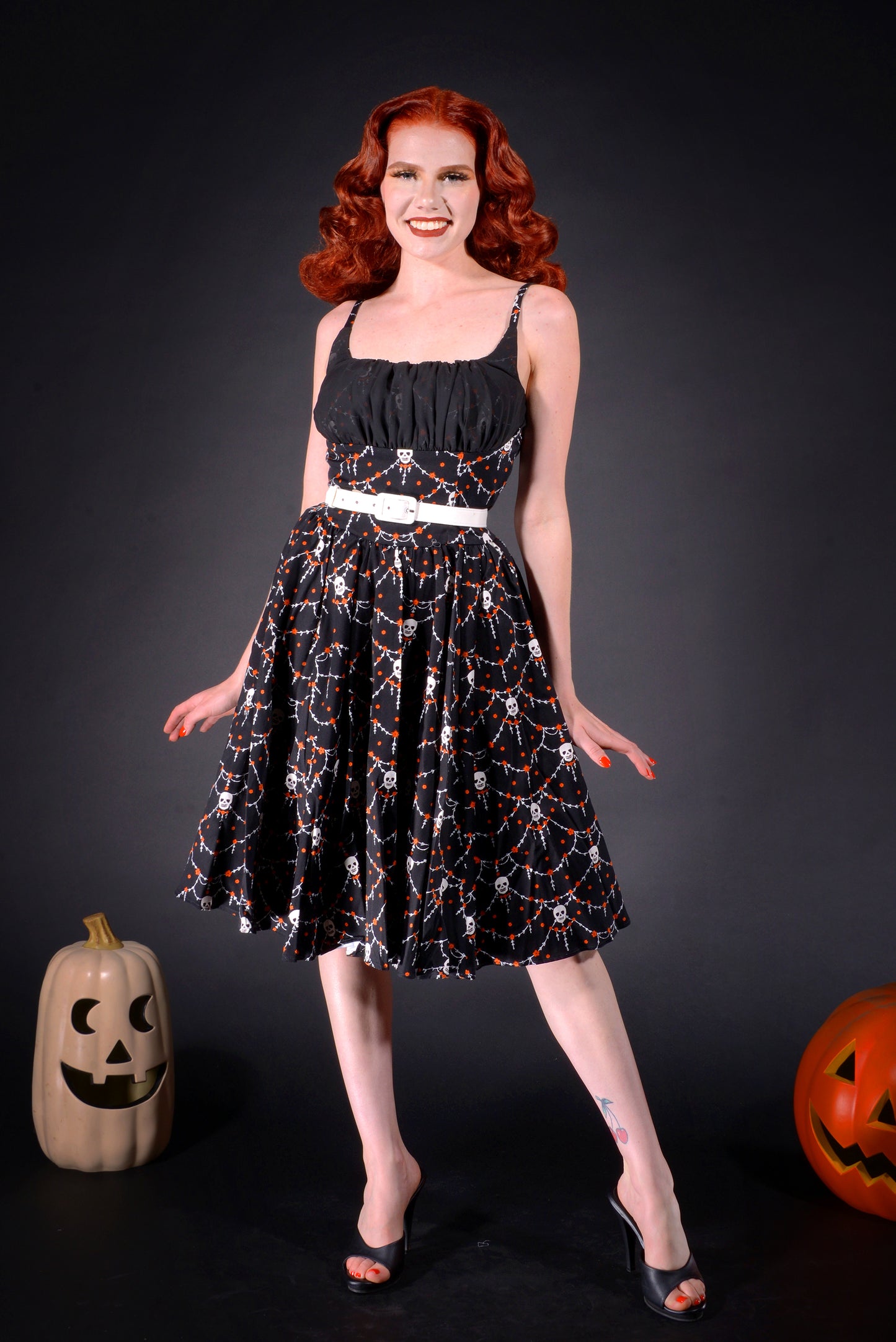 Holly Swing Dress in Halloween Skull Lace Print | Laura Byrnes & Hope Johnstun
