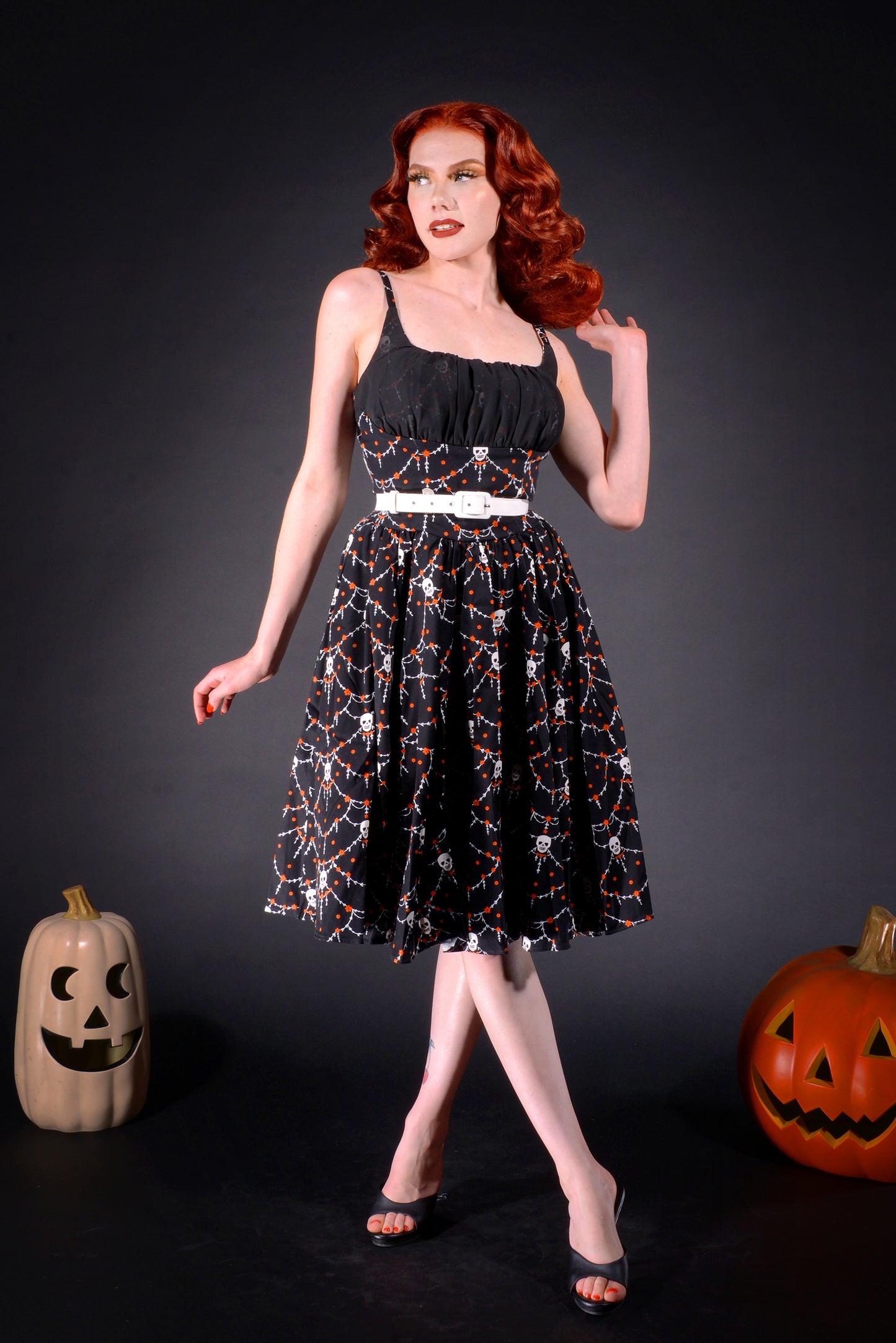 OYS - Final Sale - Holly Swing Dress in Halloween Skull Lace Print | Laura Byrnes & Hope Johnstun