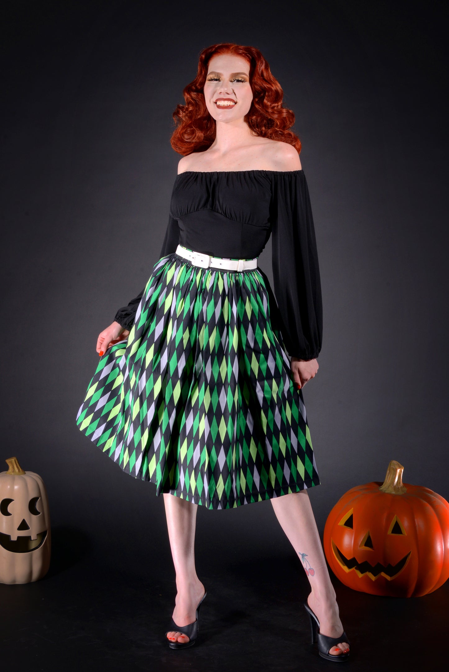 Final Sale - Bella Vintage Gathered Swing Skirt in Green House Harlequin | Pinup Couture