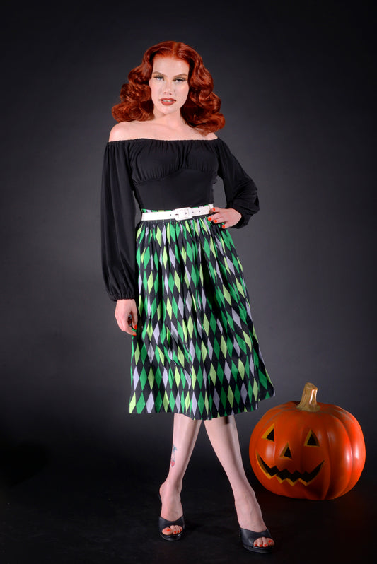 Final Sale - Bella Vintage Gathered Swing Skirt in Green House Harlequin | Pinup Couture