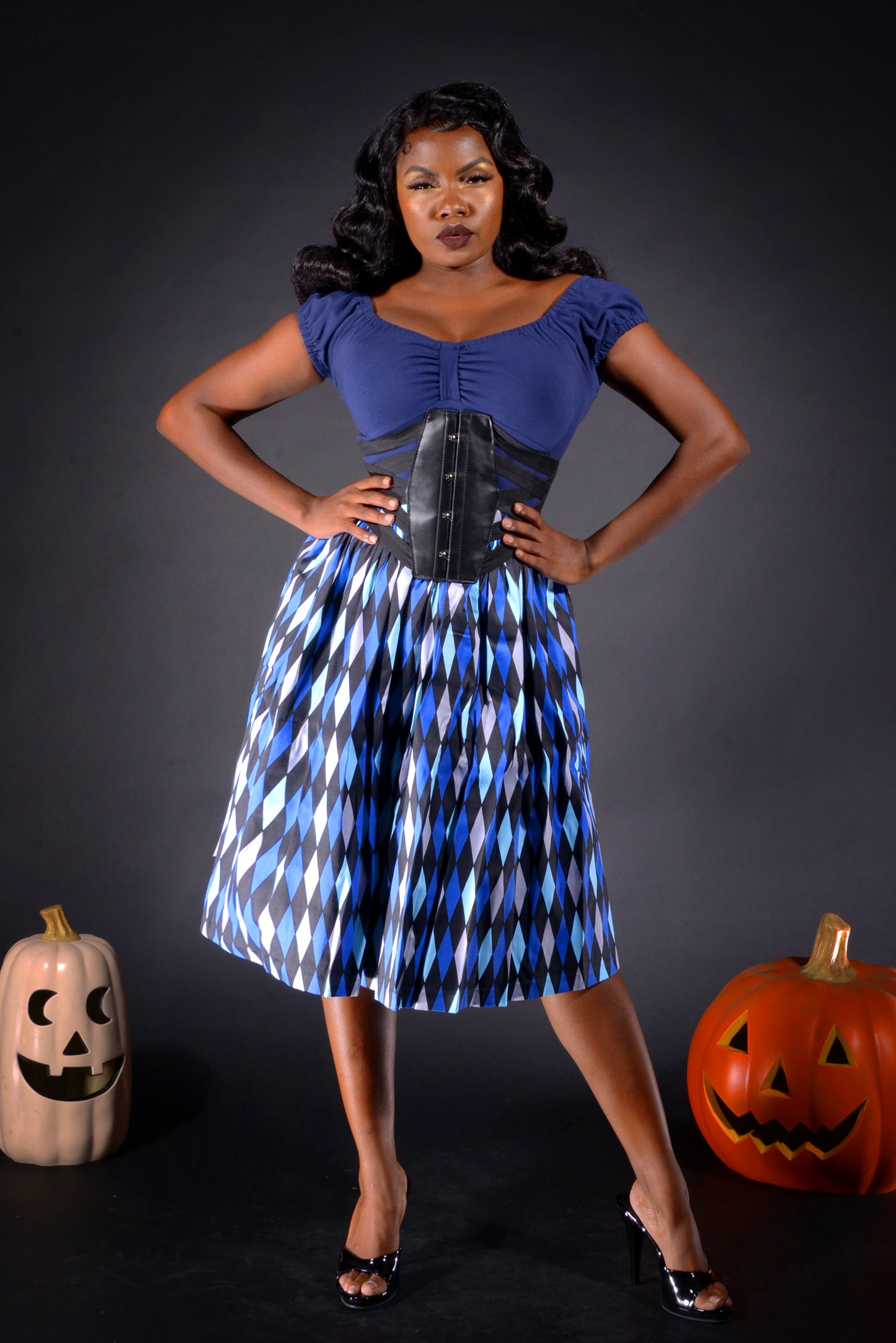 Final Sale - Bella Vintage Gathered Swing Skirt in Blue House Harlequin | Pinup Couture