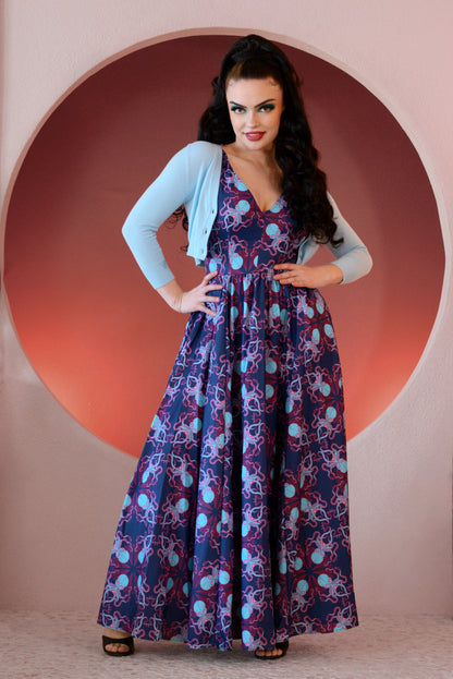 OYS -Tara 70s Maxi Day Dress in Blue Daddy Cthulhu Crepe | Laura Byrnes & Hope Johnstun