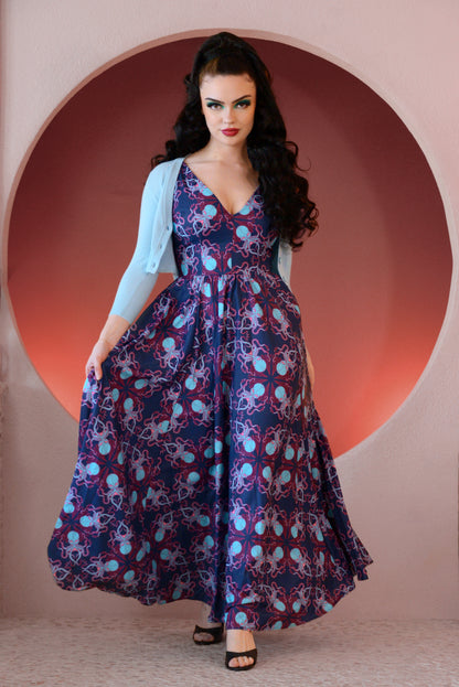 OYS -Tara 70s Maxi Day Dress in Blue Daddy Cthulhu Crepe | Laura Byrnes & Hope Johnstun