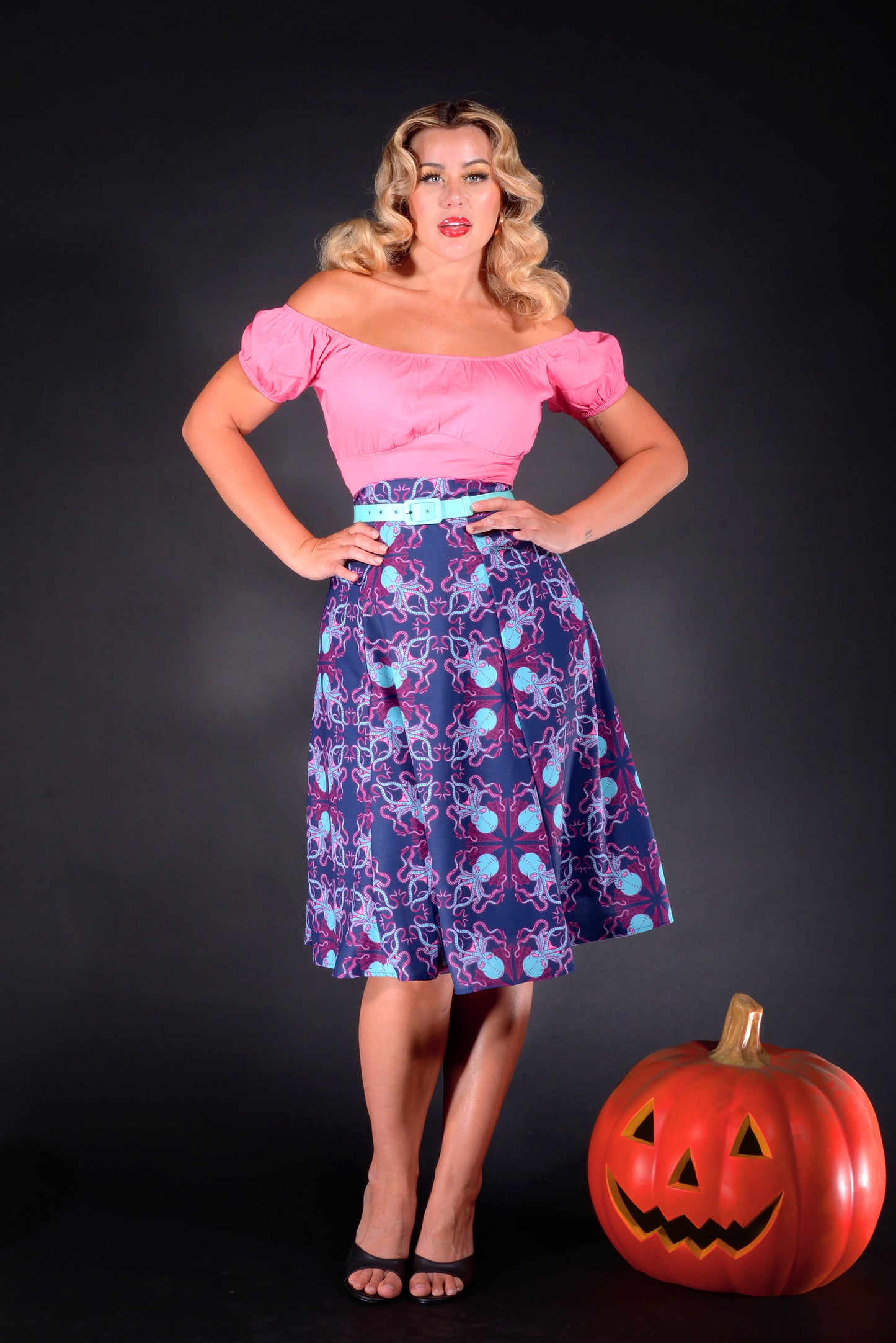 Final Sale - Viva 40s Style Tulip Skirt in Blue Daddy Cthulhu Print Stretch Crepe | Laura Byrnes & Hope Johnstun