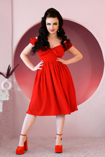 Natalie Peasant Swing Dress in Solid Red Stretch Crepe | Pinup Couture