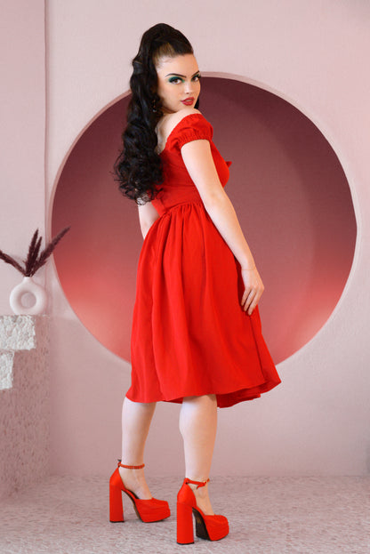 Natalie Peasant Swing Dress in Solid Red Stretch Crepe | Pinup Couture