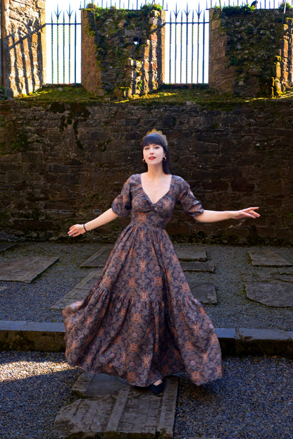 Final Sale - Molly Medieval Gothic Maxi Gown in Royal Woods Print Crepe | Laura Byrnes & Hope Johnstun