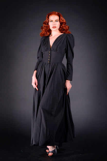 Clarice 40s Coat Dress in Solid Black Poly Crepe | Laura Byrnes Design