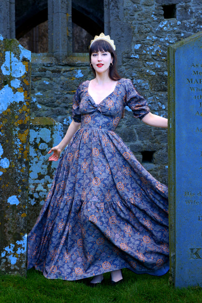 Final Sale - Molly Medieval Gothic Maxi Gown in Royal Woods Print Crepe | Laura Byrnes & Hope Johnstun