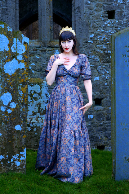 Final Sale - Molly Medieval Gothic Maxi Gown in Royal Woods Print Crepe | Laura Byrnes & Hope Johnstun