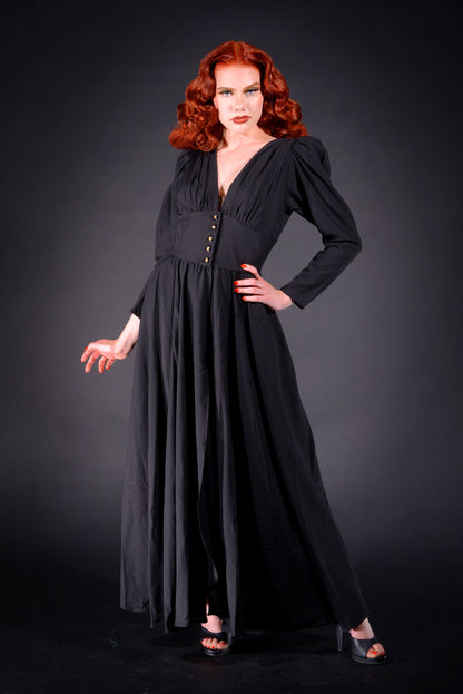 Clarice 40s Coat Dress in Solid Black Poly Crepe | Laura Byrnes Design