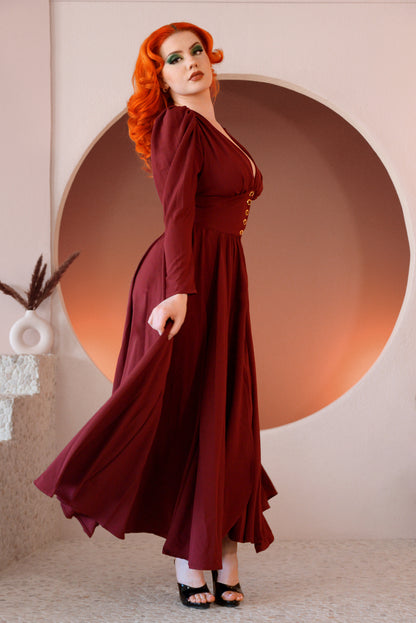 Final Sale - Clarice 40s Vintage Maxi Coat Dress in Solid Cabernet Stretch Crepe | Laura Byrnes