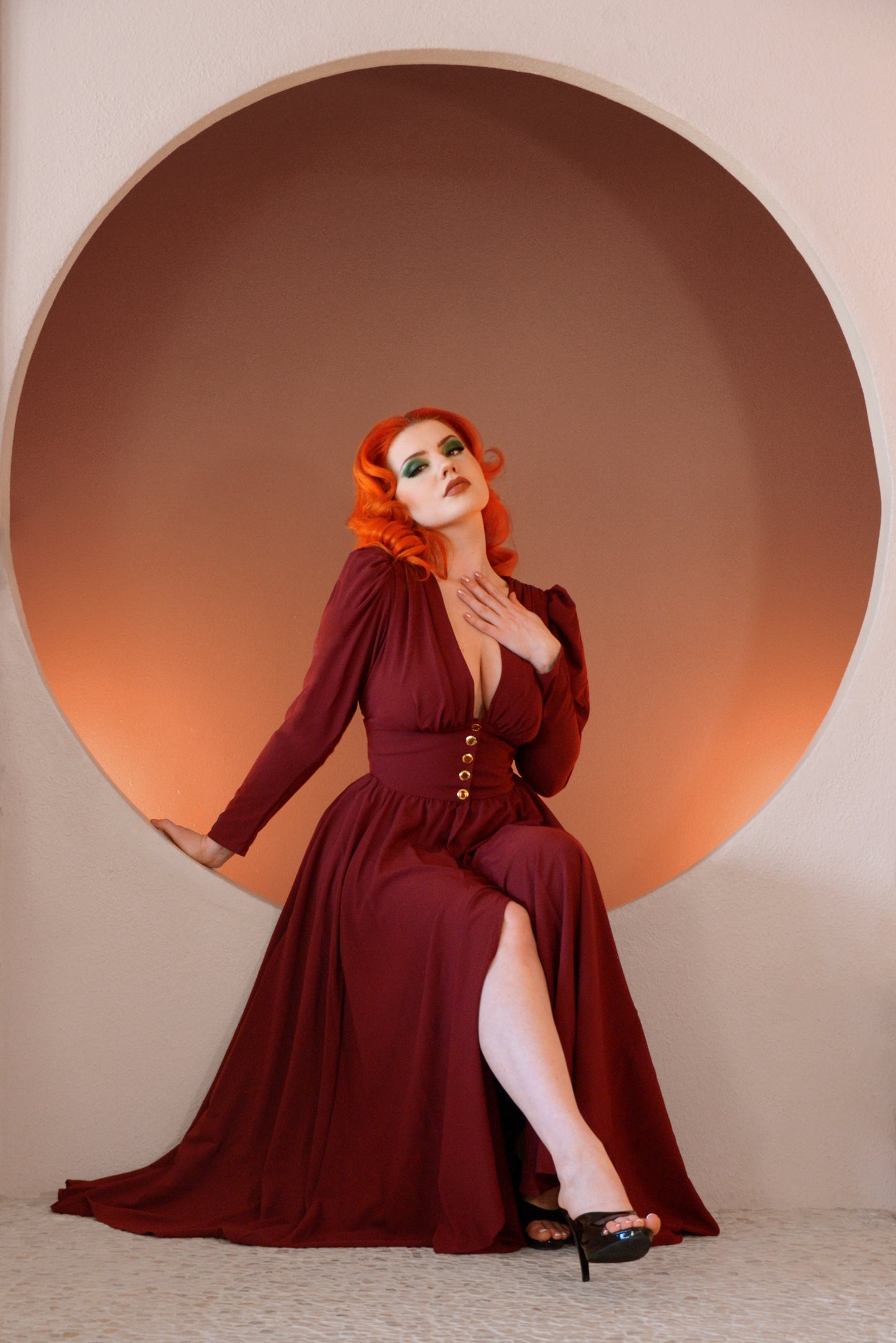 Final Sale - Clarice 40s Vintage Maxi Coat Dress in Solid Cabernet Stretch Crepe | Laura Byrnes