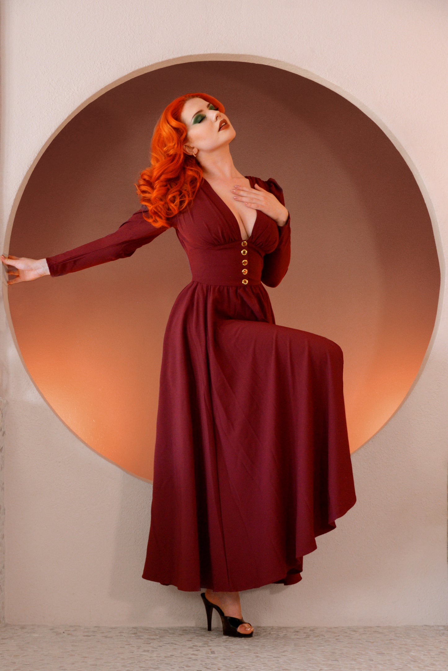Clarice 40s Vintage Maxi Coat Dress in Solid Cabernet Stretch Crepe | Laura Byrnes