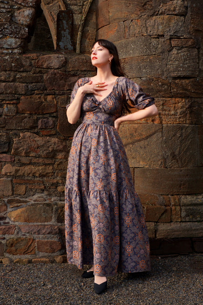 Final Sale - Molly Medieval Gothic Maxi Gown in Royal Woods Print Crepe | Laura Byrnes & Hope Johnstun