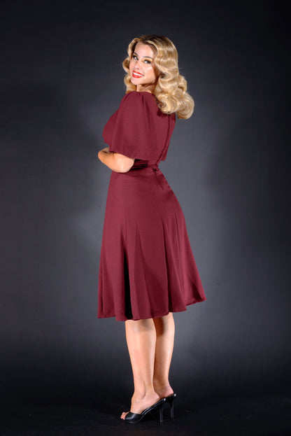 Viva 40s Flutter Sleeve Day Dress in Oxblood Stretch Crepe | Laura Byrnes Design