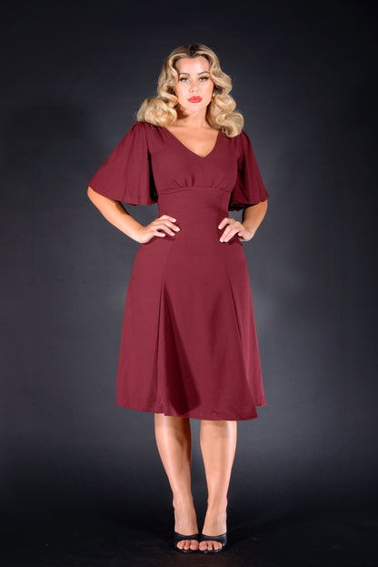 Viva 40s Flutter Sleeve Day Dress in Oxblood Stretch Crepe | Laura Byrnes Design