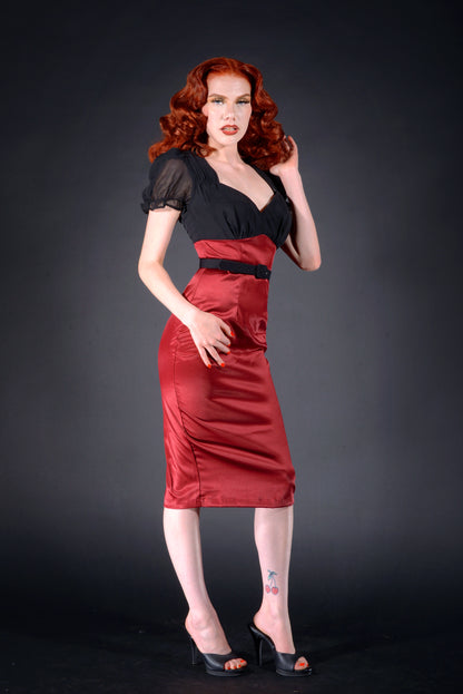 Feronia Vintage Wiggle Dress in Wine Satin with Black Chiffon Trim | Pinup Couture