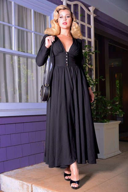 Clarice 40s Coat Dress in Solid Black Poly Crepe | Laura Byrnes Design