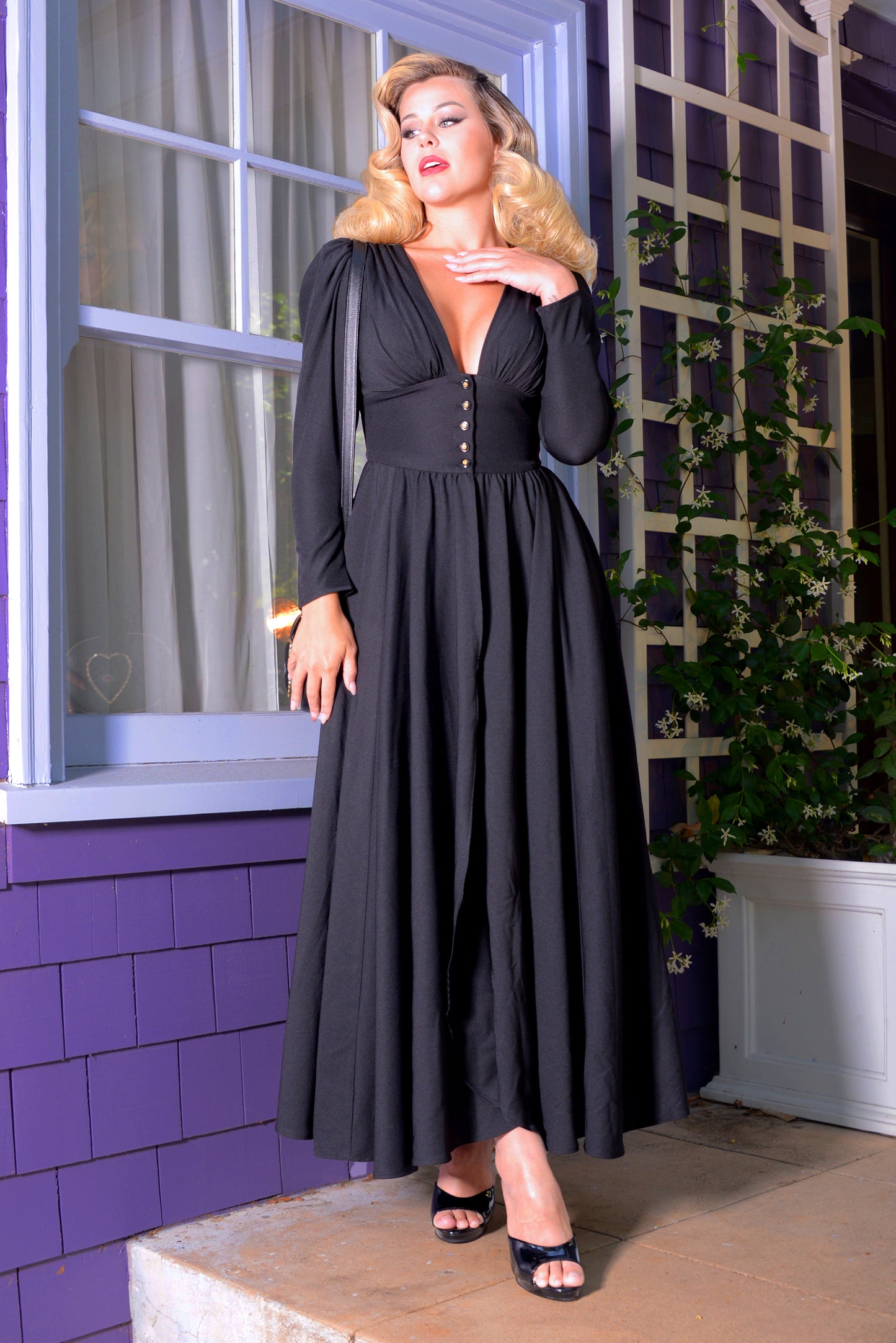 Clarice 40s Coat Dress in Solid Black Poly Crepe | Laura Byrnes Design