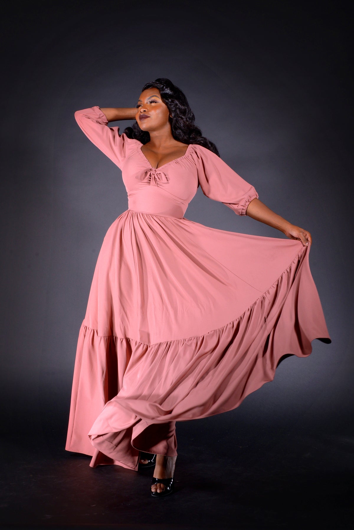 Molly Cottage 70s Maxi Gown in Mulberry Pink