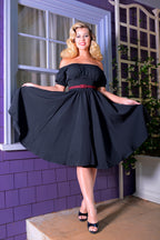 Marie-Therese Peasant Dress with Short Sleeves in Black Poly Crepe