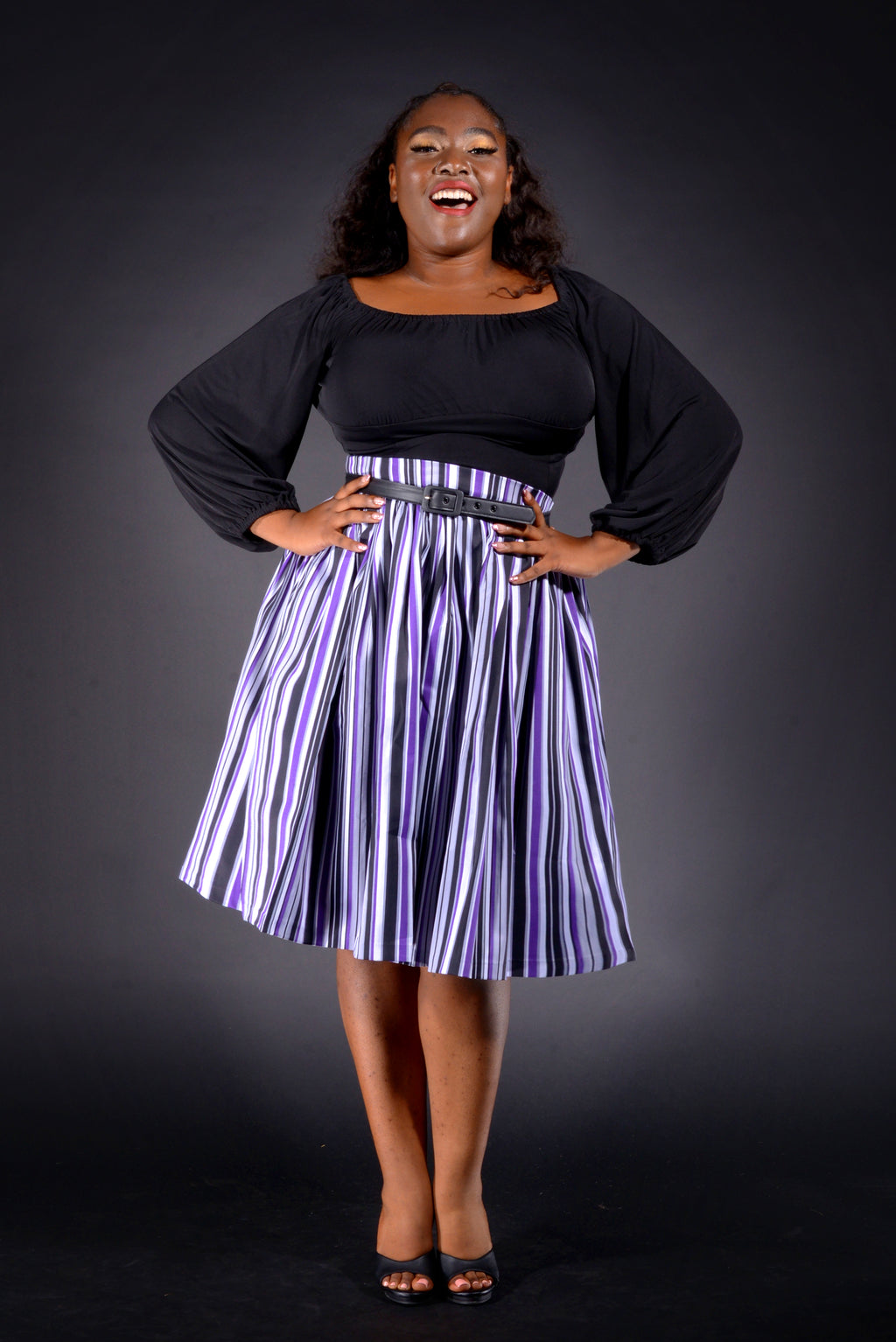 Bella Vintage Gathered Swing Skirt in Solstice Stripe Cotton Sateen | Pinup Couture
