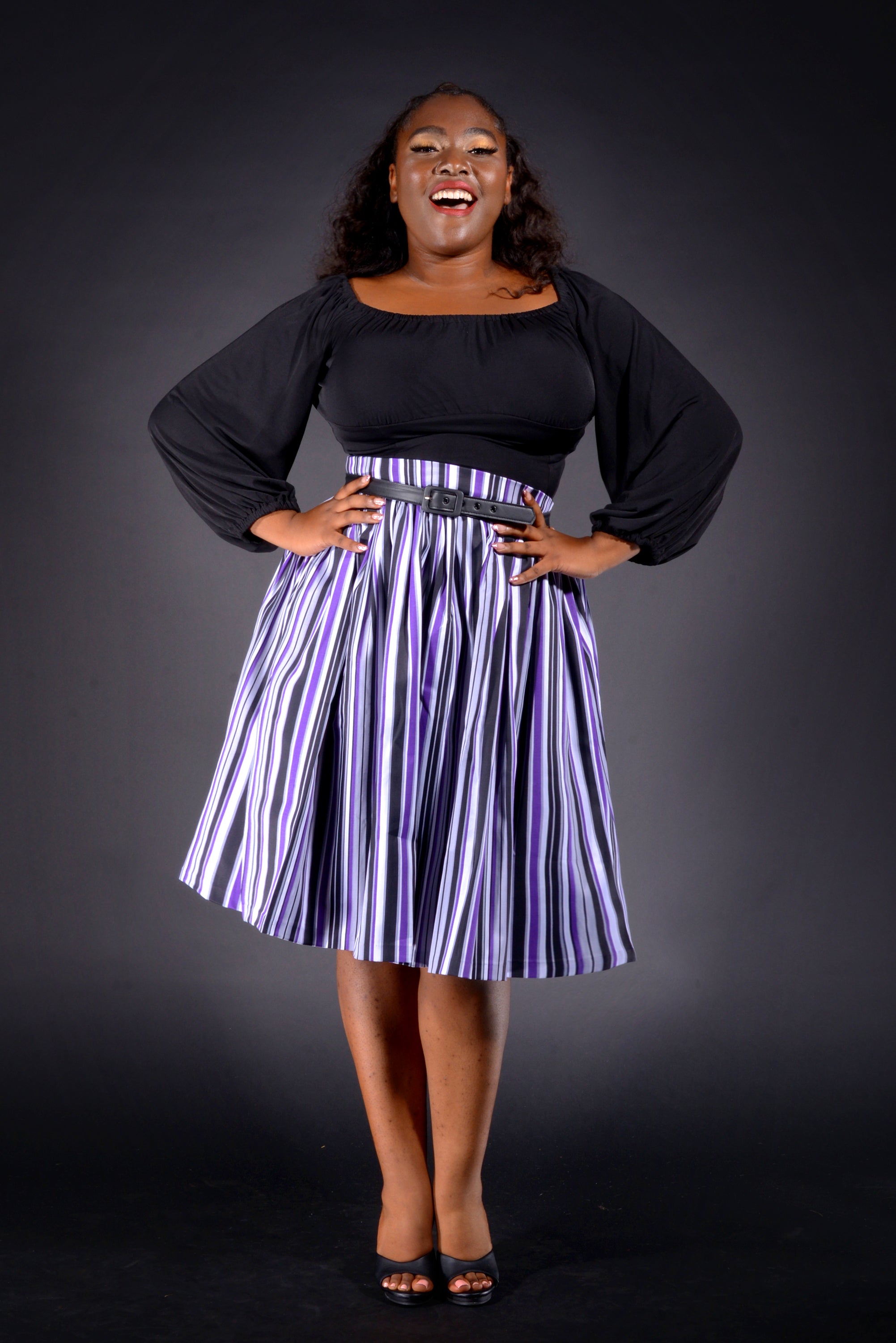 Bella Vintage Gathered Swing Skirt in Solstice Stripe Cotton Sateen | Pinup Couture