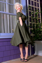 Marie-Therese Peasant Dress with Short Sleeves in Olive Poly Crepe | Pinup Couture