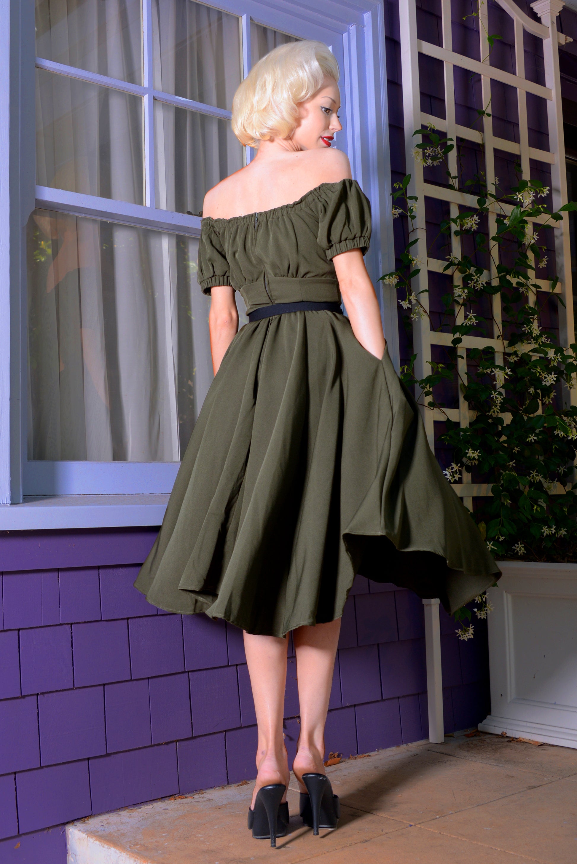Marie-Therese Peasant Dress with Short Sleeves in Olive Poly Crepe | Pinup Couture