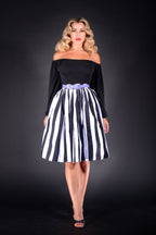 Bella Vintage Gathered Swing Skirt in Black and White Mark Stripe Cotton Sateen | Pinup Couture