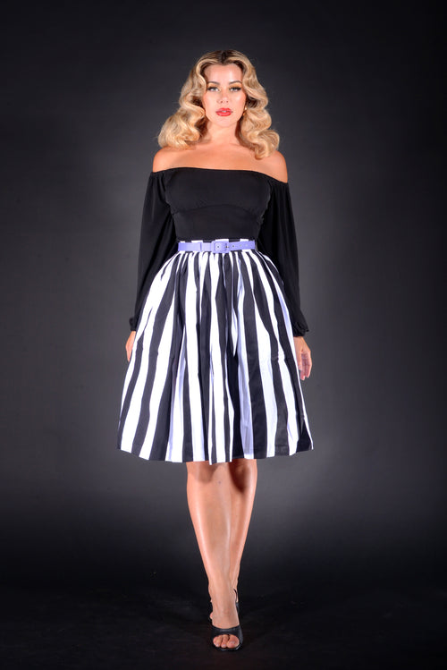 Bella Vintage Gathered Swing Skirt in Black and White Mark Stripe Cotton Sateen