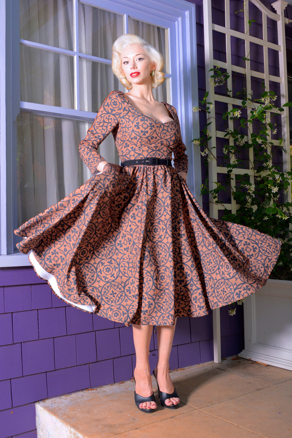 Priscilla Swing Dress in Gold and Black Medallions Print Stretch Twill