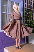 Priscilla Swing Dress in Gold and Black Medallions Print Stretch Twill