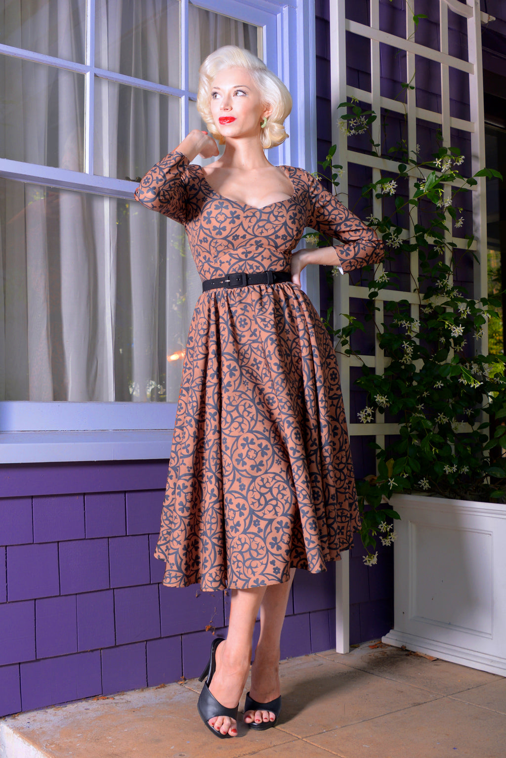 Priscilla Swing Dress in Gold and Black Medallions Print Stretch Twill